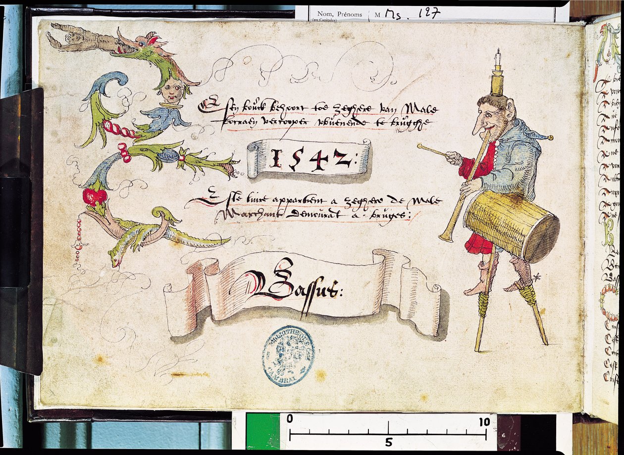 Ms 127 &39;Receuil des Chants Religieux et Profanes III&39;のフロンティピースで、楽器と頭にろうそくを付けた高床式の馬鹿を描いた、1542年 作： フランドルの学校