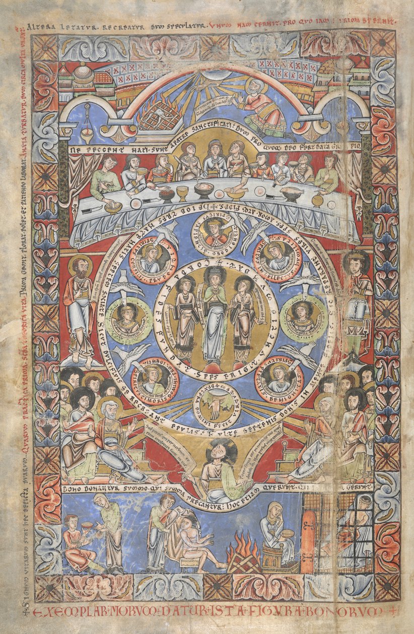 追加。 17738、f.3vヨブ記の冒頭の詩の解釈、「フロレフ聖書」のイラスト、ムーズバレー、1155年頃（ベラムにインク、色、金） 作： フランドルの学校