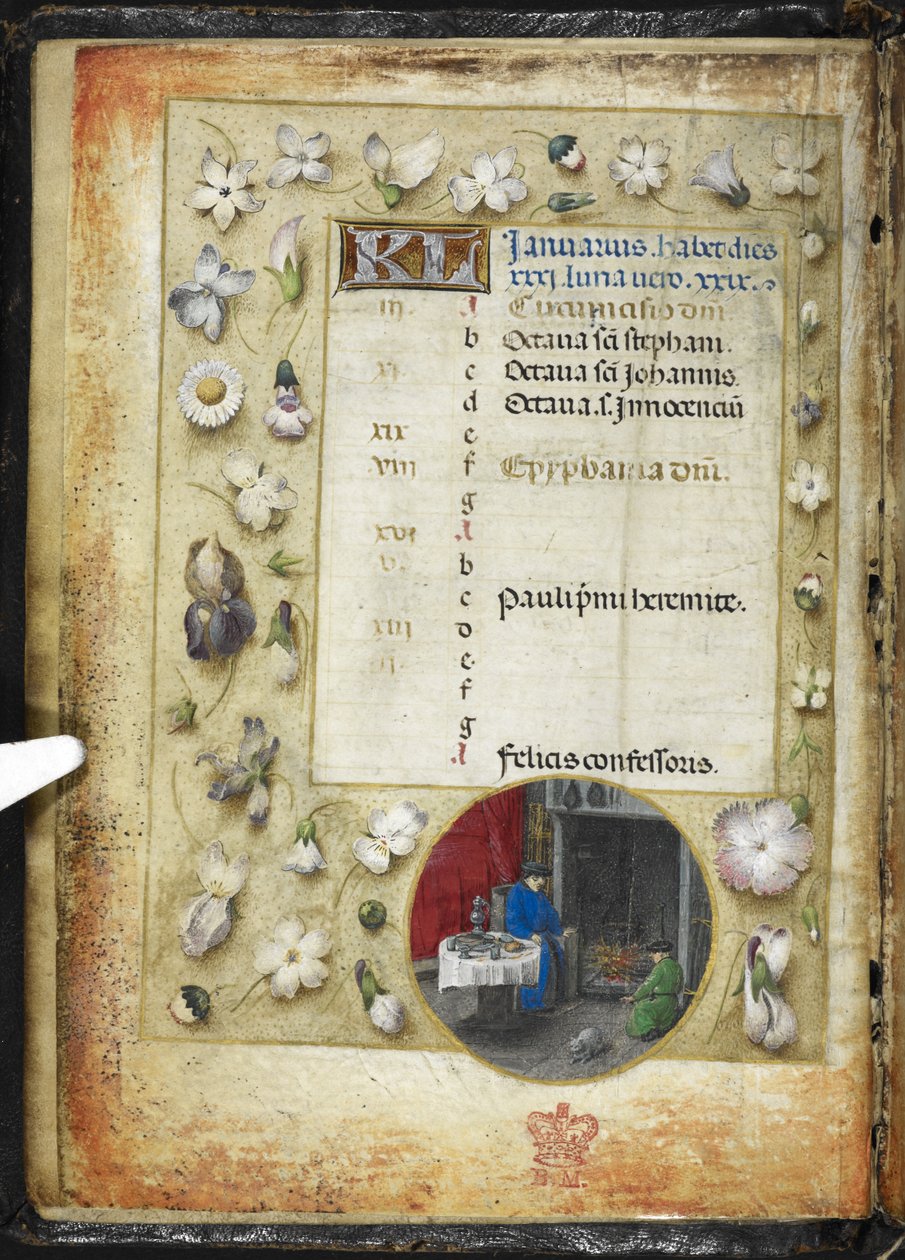 1 月の MS 38126 f.1v カレンダー ページを追加、「Book of Hours, Use of Rome」(「Huth Hours」) c.1485-90 (ink & ベラムに色と金） 作： フランドルの学校