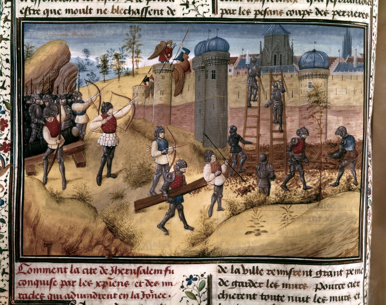 十字軍エルサレムの城壁を登る十字軍」。Histoire des Cr...』より。 作： フランドルの学校