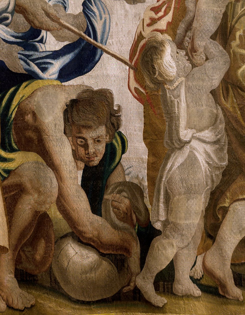 フランダースのタペストリー。 シリーズ 聖体の神格化。 マナの収穫 (Recogida del maná)。 ルーベンスのオリジナルからコピーされたモデル漫画。 ブリュッセルの製造。 フランス・ヴァン・デン・ヘッケによる製造。 17世紀半ば。 ファブリック シルクとウール、1 cm あたり 7/8 の縦糸。 作： フランドルの学校