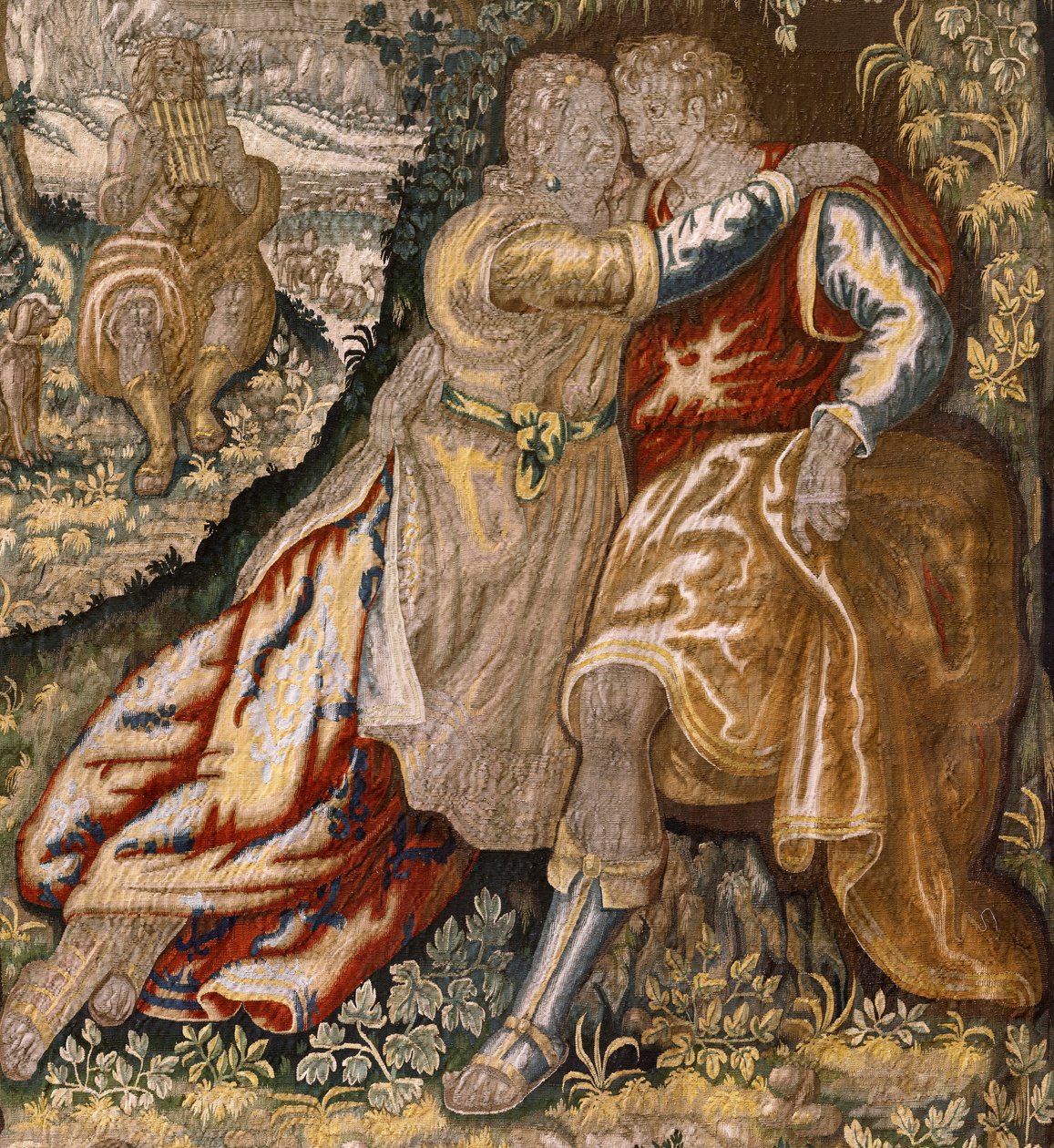 フランダースのタペストリー。 シリーズ Gallantry (ギャラントリー)。 ミュージシャンとのカップル (Pareja con músico)。 17世紀初頭、ブリュッセルで製造。 ファブリック シルクとウール、1 cm あたり 5/6 の縦糸。 サイズ 348×263cm。 場所 オンカラ (ソリア) のサン ミジャン デ ラ コゴリャ教会。 元 作： フランドルの学校