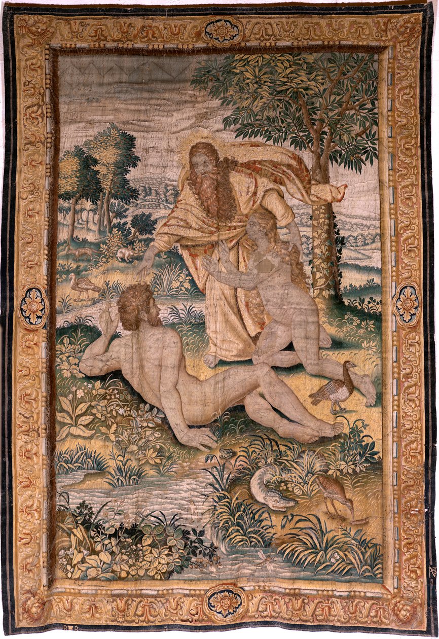 フランダースのタペストリー。 シリーズジェネシスまたはクリエーションマン。 神は女性を創造し、彼女をアダムに紹介します (Dios crea a la mujer y la presenta a Adán)。 Michiel Coxcie をベースにしたモデル。 Jan Aerst はブリュッセルで製造されています。 1630年頃。ファブリック シルクとウール。 作： フランドルの学校