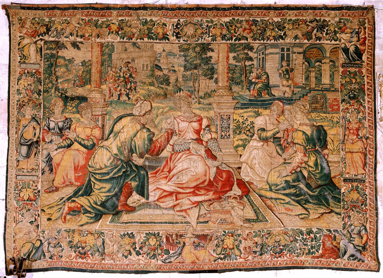 フランダースのタペストリー。 シリーズ マーク アンソニーとクレオパトラ。 クレオパトラと宮廷 (Cleopatra en su corte)。 Pieter Coecke van Aelst によるモデル漫画。 ブリュッセル(?)を製造。 16世紀後半。 ファブリック シルクとウール。 サイズ 310×435cm。 元 作： フランドルの学校
