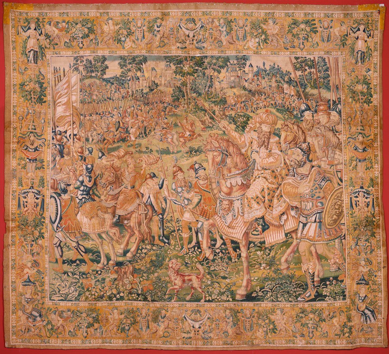 フランダースのタペストリー。 シリーズ The Book of Judith. ネブカドネザルの軍隊 (El ejército de Nabucodonosor)。 シリーズ初のタペストリー。 製造オランダ、ブリュッセル?、16 世紀後半。 ファブリック ウール。 場所 バーリの聖ニコラス教会 (mu 作： フランドルの学校