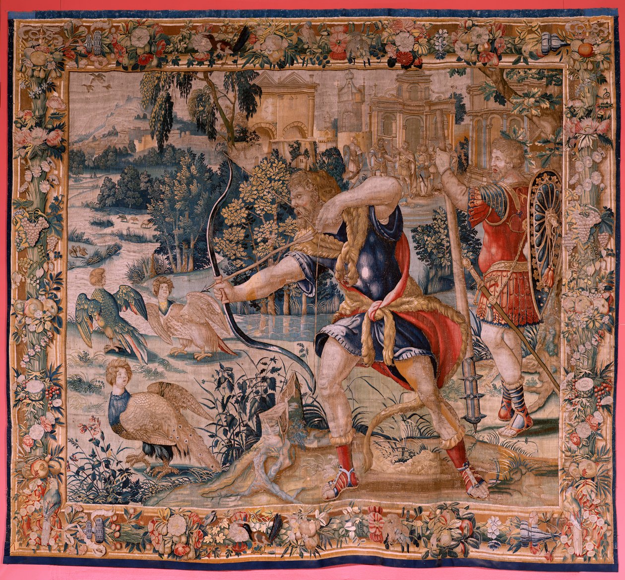 フランダースのタペストリー。 シリーズ ヘラクレスの労働。 Hercules と Stymphalian の鳥 (Hércules y las aves del lago Estínfalo)。 現存するシリーズ初のタペストリー。 モデル不明。 ブリュッセルのウィレム・デルモヤンのマニュファクチュール。 1528年頃。生地 シルクとウール。 ; サイズ 作： フランドルの学校