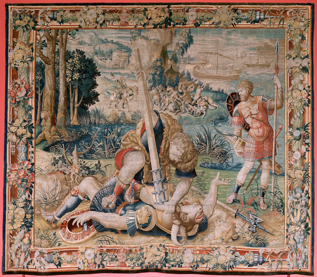 Flämische Tapisserie. Serie Die Arbeiten des Herkules. Herkules kämpft gegen den Minotaurus. Zweiter Wandteppich in der erhaltenen Serie. Modell Unbekannt. Herstellung Willem Dermoyen, Brüssel. Ca 1528. von Flemish School