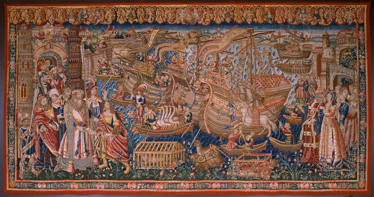フランダースのタペストリー。 シリーズ インドのポルトガル人: カリカットへの到着 (カリカットの De Aankomst、Llegado de Vasco de Gama a Lisboa)。 Ca 1510. Collection Caixa Geral de Depósitos、リスボン。 作： フランドルの学校