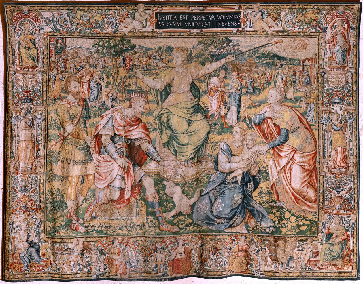 フランダースのタペストリー。 シリーズ七つの美徳。 正義（ラ・フスティシア）。 Michiel Coxcie をベースにしたモデル。 ブリュッセルを製造しています。 Frans Geubelsによる製造。 1560～1570年頃。 ファブリック シルクとウール。 サイズ 330×450cm。 ロケーション ブルゴス大聖堂。 起源 t への遺贈 作： フランドルの学校