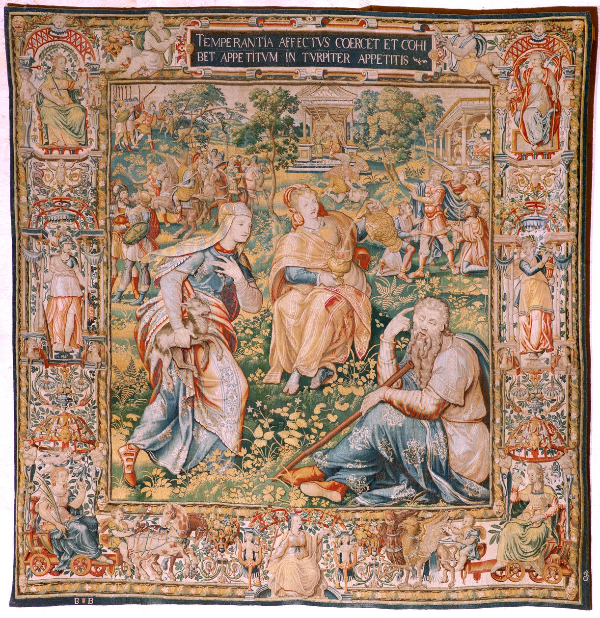 フランダースのタペストリー。 シリーズ七つの美徳。 テンペランス（ラ・テンプランツァ）。 Michiel Coxcie をベースにしたモデル。 ブリュッセルを製造しています。 Frans Geubelsによる製造。 Ca1560-1570。 ファブリック シルクとウール。 サイズ 330×320cm。 ロケーション ブルゴス大聖堂。 起源 遺贈 作： フランドルの学校