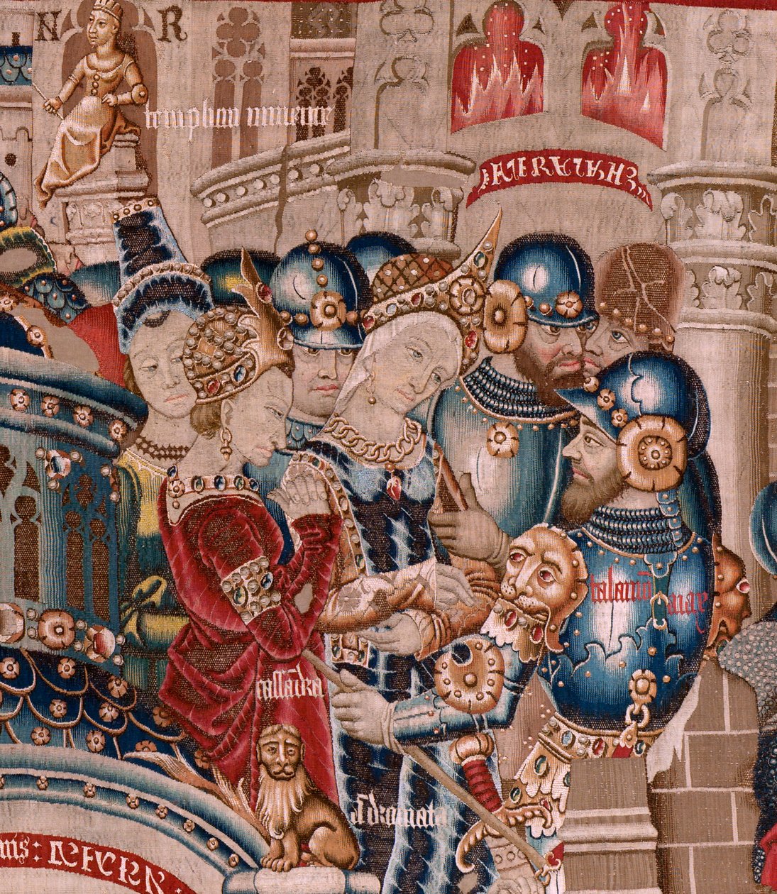 フランダースのタペストリー。 シリーズ トロイ戦争。 トロイの破壊 (Destrucción de Troya)。 シリーズ11作目のタペストリー。 モデル コエティヴィ マスター (ヘンリーまたはコンラール ド ヴルコップ)。 トゥルネーのワークショップを製造。 1470 年頃。布地 ウールとシルク、1 cm あたり 6/7 の縦糸。 作： フランドルの学校