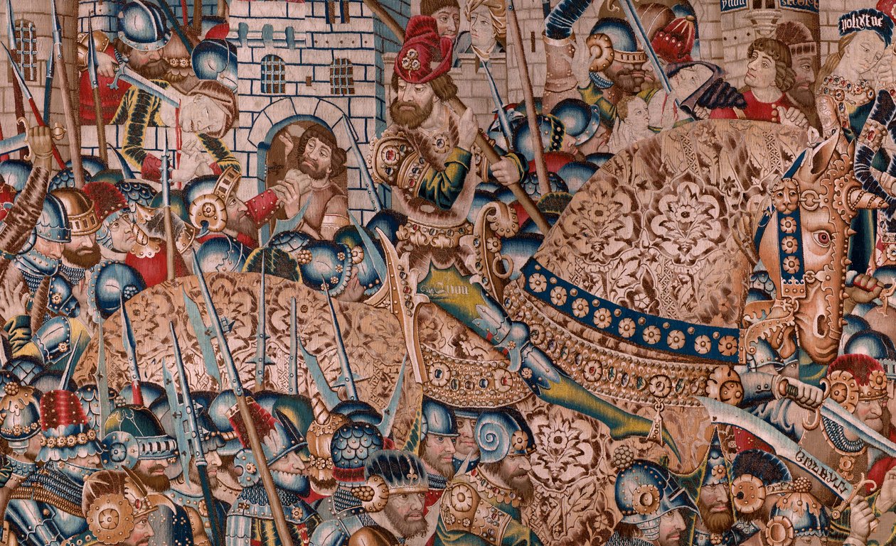 フランダースのタペストリー。 シリーズ トロイ戦争。 トロイの破壊 (Destrucción de Troya)。 シリーズ11作目のタペストリー。 モデル コエティヴィ マスター (ヘンリーまたはコンラール ド ヴルコップ)。 トゥルネーのワークショップを製造。 1470 年頃。ファブリック ウールとシルク、1 cm あたり 6/7 の縦糸。 作： フランドルの学校