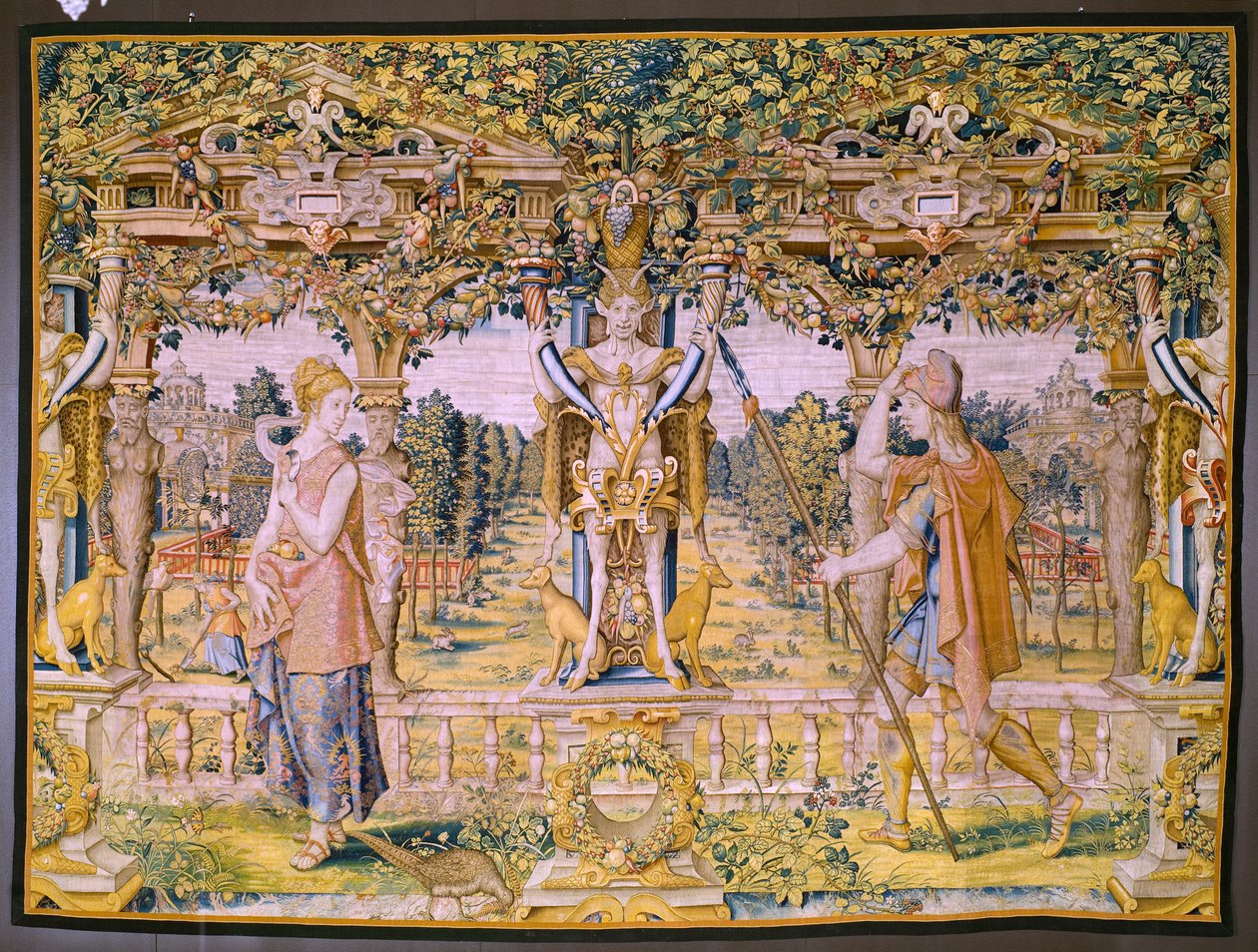 フランダースのタペストリー。 シリーズ Vertumnus and Pomona: 農夫に変身した Vertumnus (Vertumnus as farmer, Vertumno transformado and agricultor)。 ウィレム・ド・パンネメーカーのアトリエ。 1545～1550年頃。 作： フランドルの学校