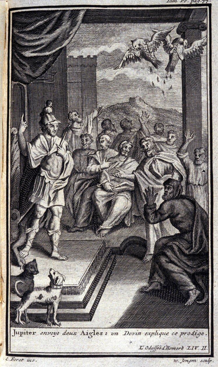 Jupiter sends two eagles: a soother explained this prodigy.1731年にアムステルダムで出版された『オデュッセー』の中の、ホメレの『オデュッセー』第2巻の挿絵、ミラノのコレクション・プライヴェート。 作： フランドルの学校