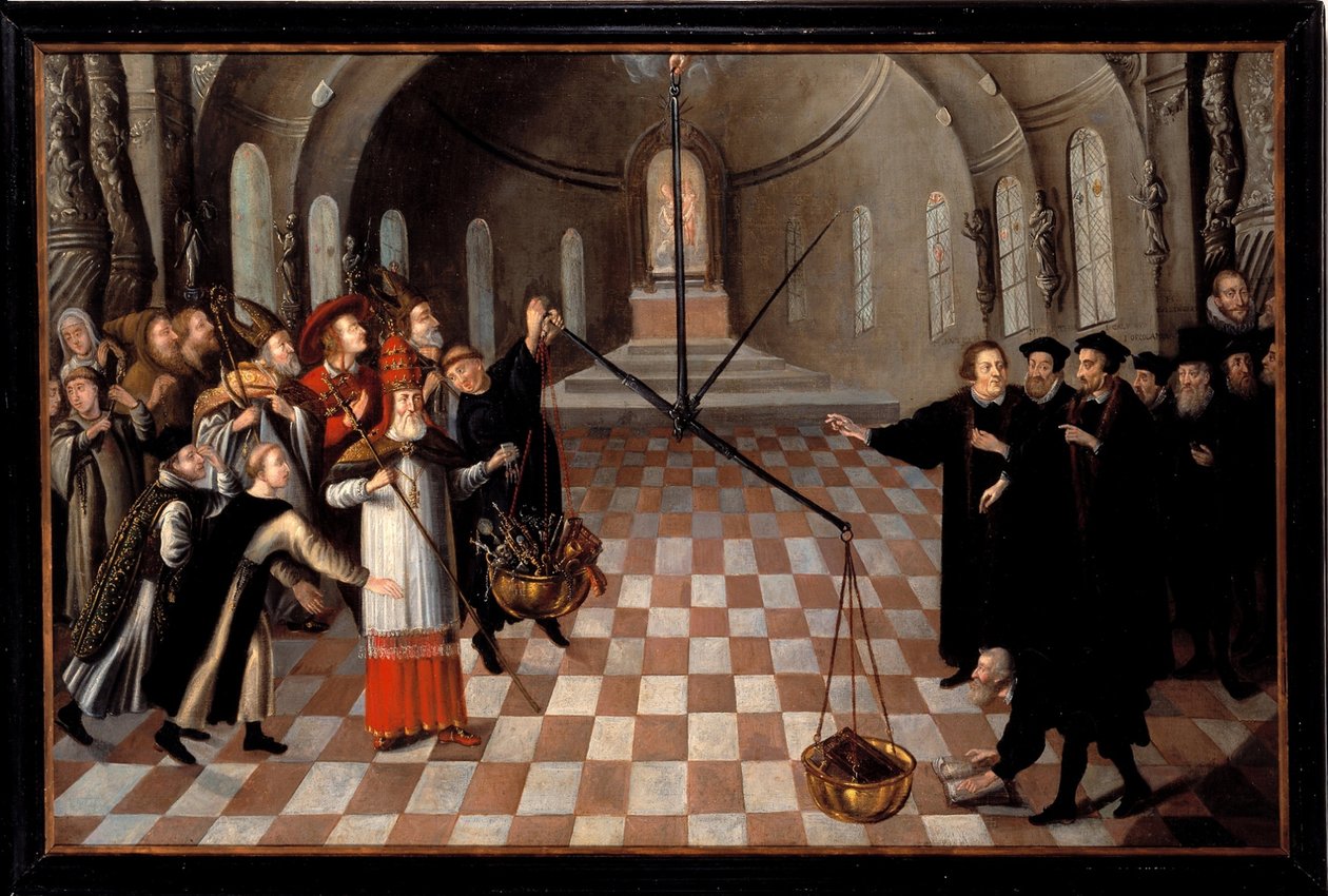 宗教画壁画集 宗教の秤量」」 カトリックに対するルター派の風刺画で、左に描かれて