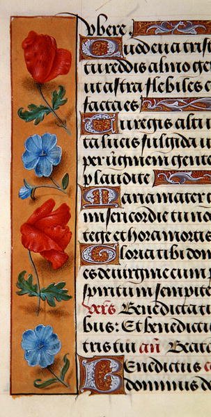 Ms.1058-1975, f.16r: 1500年頃の時祷書に描かれた花の縁飾りの詳細（ヴェラム製 作： フランドルの学校