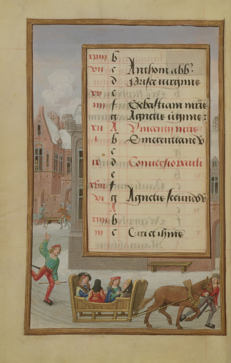 Ms 1058-1975 f1v雪の中のストリートシーン、1月の照明付きカレンダーページ、Book of Hours、c.1500から 作： フランドルの学校