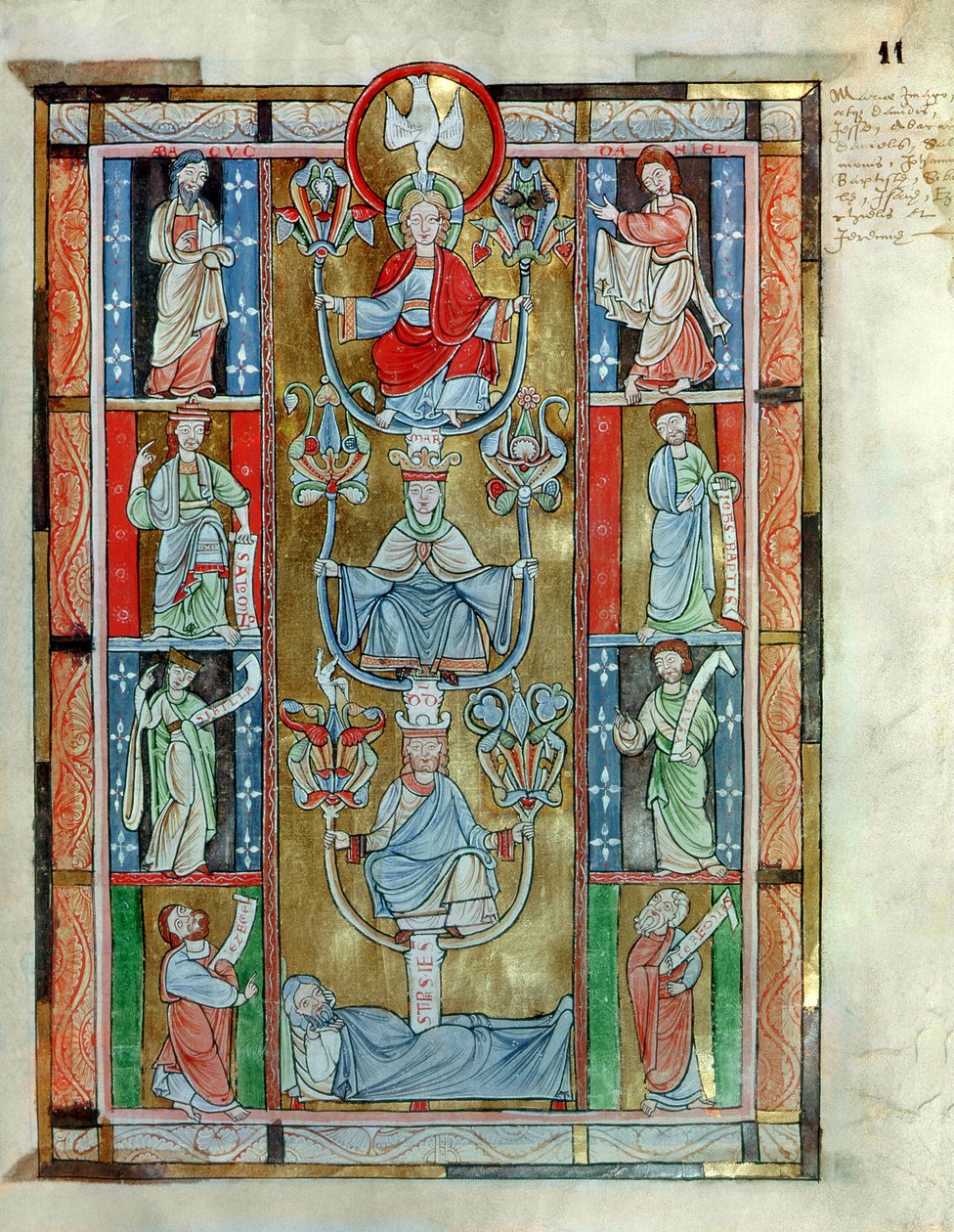 MS 340 fol.11rアバインネヒンのラバナウスM.（c.780-856）による聖十字架の賛美からのジェシーの木 作： フランドルの学校