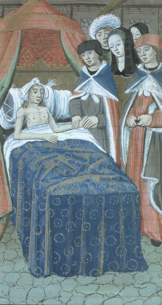 Ms Hunter 9 f.76r 2人の医師と一緒にベッドにいる患者、De Medina Fen I. II、Avicenna（980-1037）作 作： フランドルの学校