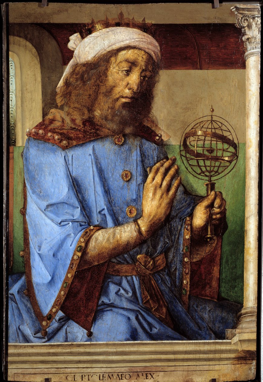 ギリシャの天文学者プトレミー（Claudius Ptolemaeus, ca. 90-168）の肖像。ペドロ・ブルゲテ（約1450-1504年前）とジャスト・オブ・ヘント（1435-1480年）による絵画。フラム 作： フランドルの学校