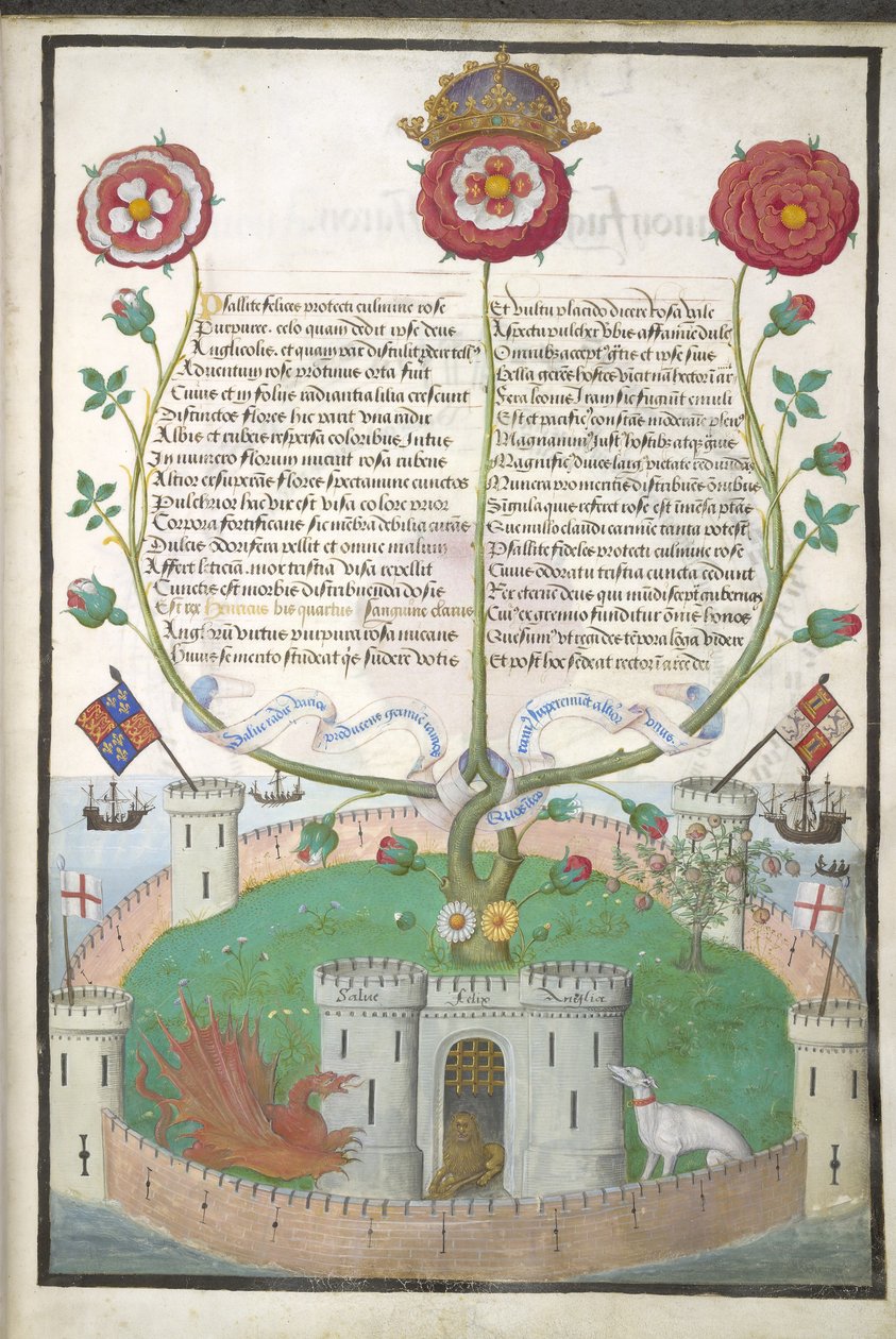 ロイヤル MS 11 E Xl fol.2 チューダーのシンボルを含む詩、1516 年頃（ベラム） 作： フランドルの学校