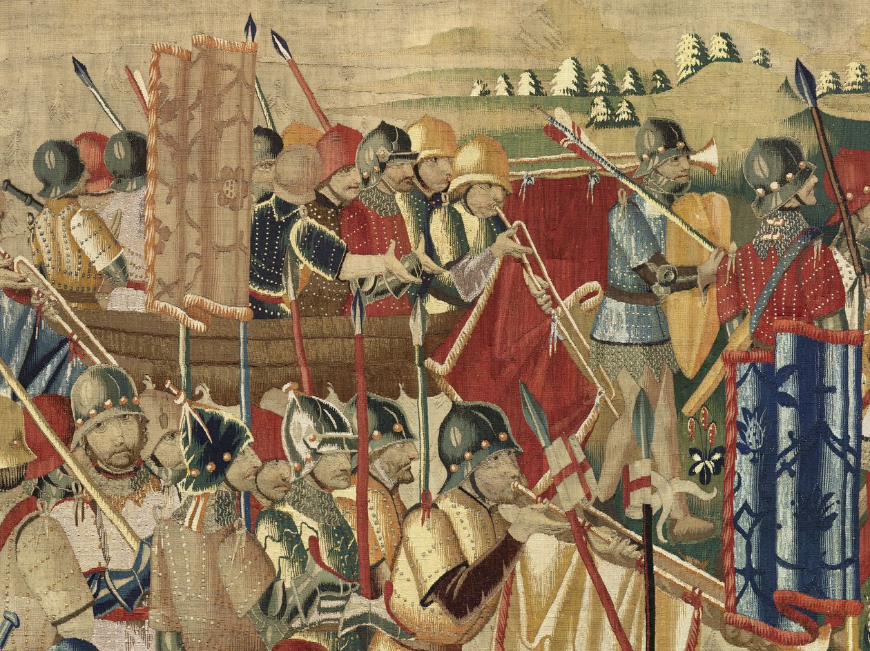ポルトガル王アルフォンソ5世の征服を描いたタペストリー（Conquistas de Alfonso V de Portugal）、トゥルナイ。詳細(ウールとシルク) 作： フランドルの学校