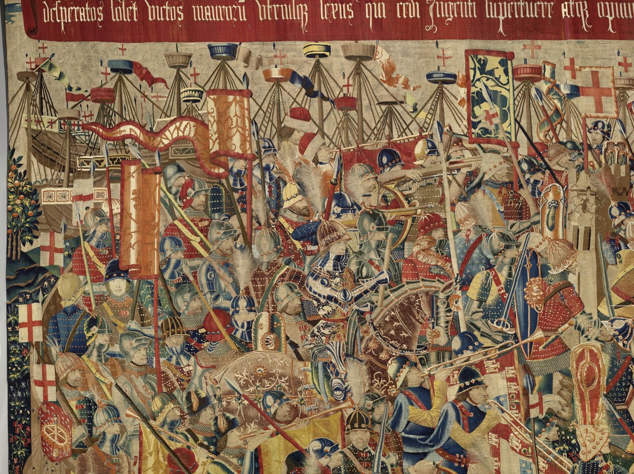 ポルトガル王アルフォンソ5世の征服を描いたタペストリー（Conquistas de Alfonso V de Portugal）、トゥルナイ。詳細(ウールとシルク) 作： フランドルの学校