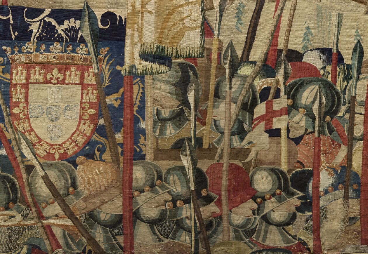 ポルトガル王アルフォンソ5世の征服を描いたタペストリー（Conquistas de Alfonso V de Portugal）、トゥルナイ。詳細(ウールとシルク) 作： フランドルの学校