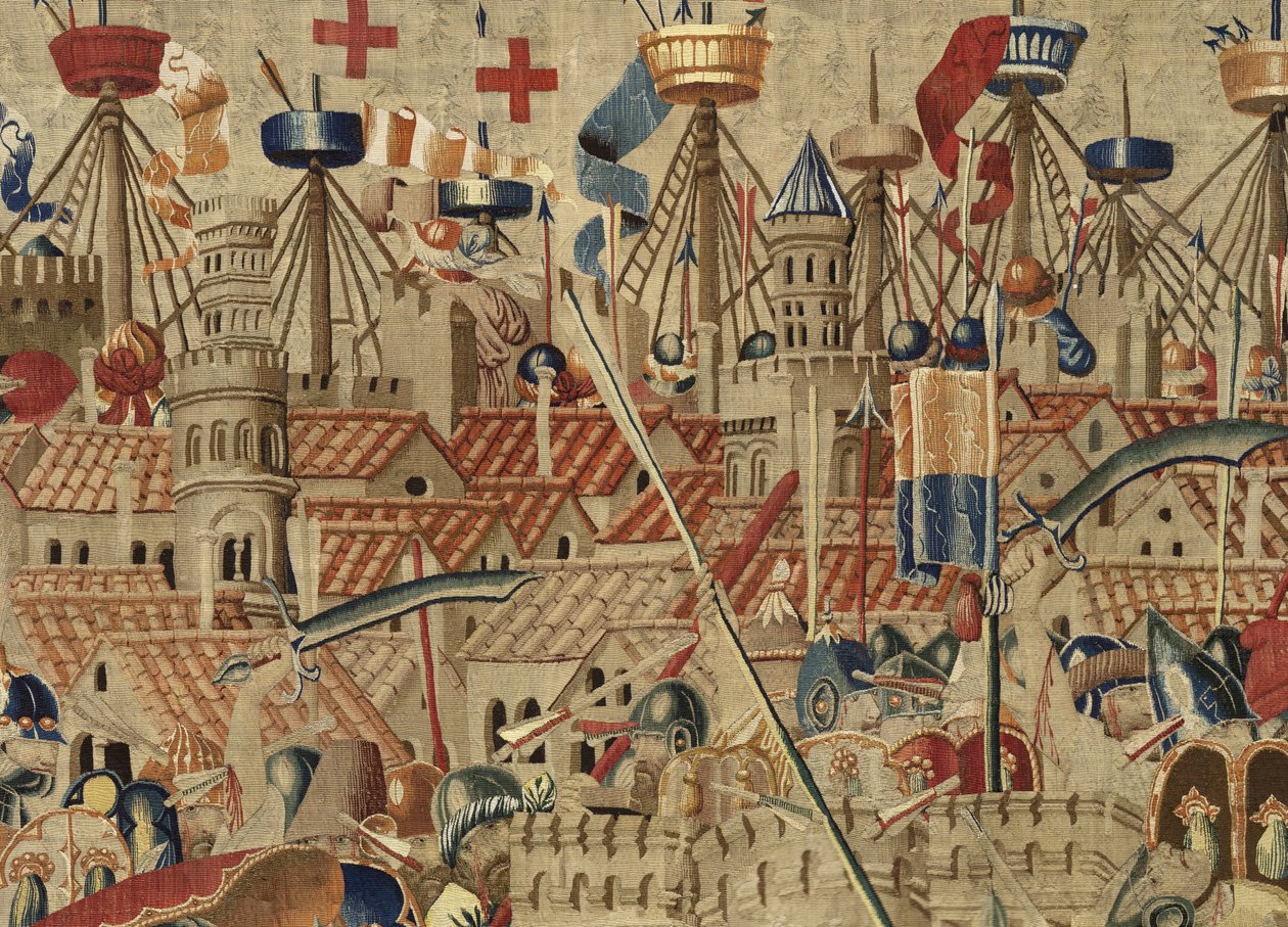 ポルトガル王アルフォンソ5世の征服を描いたタペストリー（Conquistas de Alfonso V de Portugal）、トゥルナイ。詳細(ウールとシルク) 作： フランドルの学校