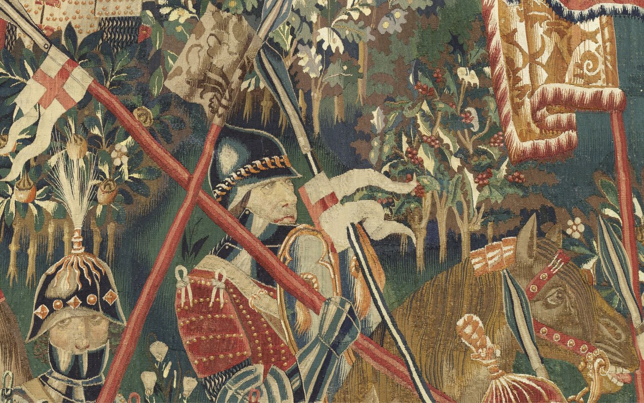 ポルトガル王アルフォンソ5世の征服を描いたタペストリー（Conquistas de Alfonso V de Portugal）、トゥルナイ。詳細(ウールとシルク) 作： フランドルの学校