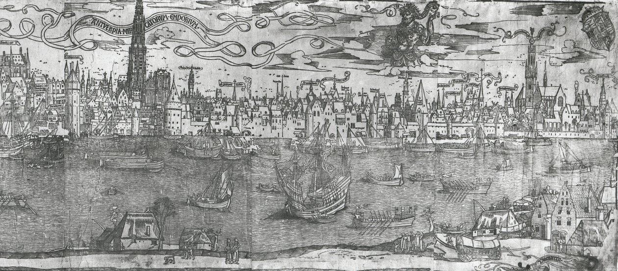 アントワープ港の眺め、右側のセクションの詳細、1515-50 作： フランドルの学校