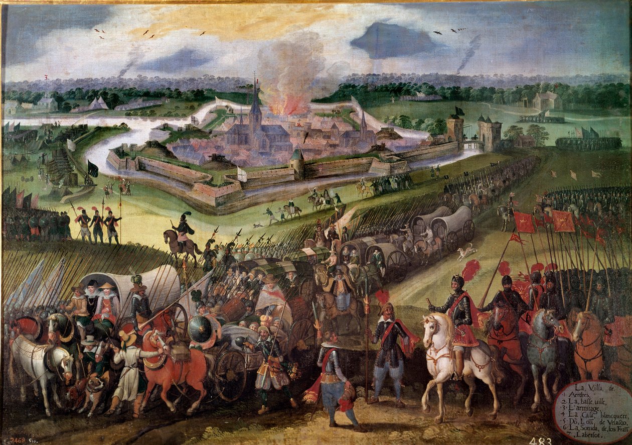 オランダとの戦争。"View of the city of Ardres"。1596年、オーストリアのアルベール大公がこの街を占領。17世紀のフランドル派の絵画。Real Monasterio de El Escorial, El Escorial, Spain - War against the Netherlands:の眺め 作： フランドルの学校