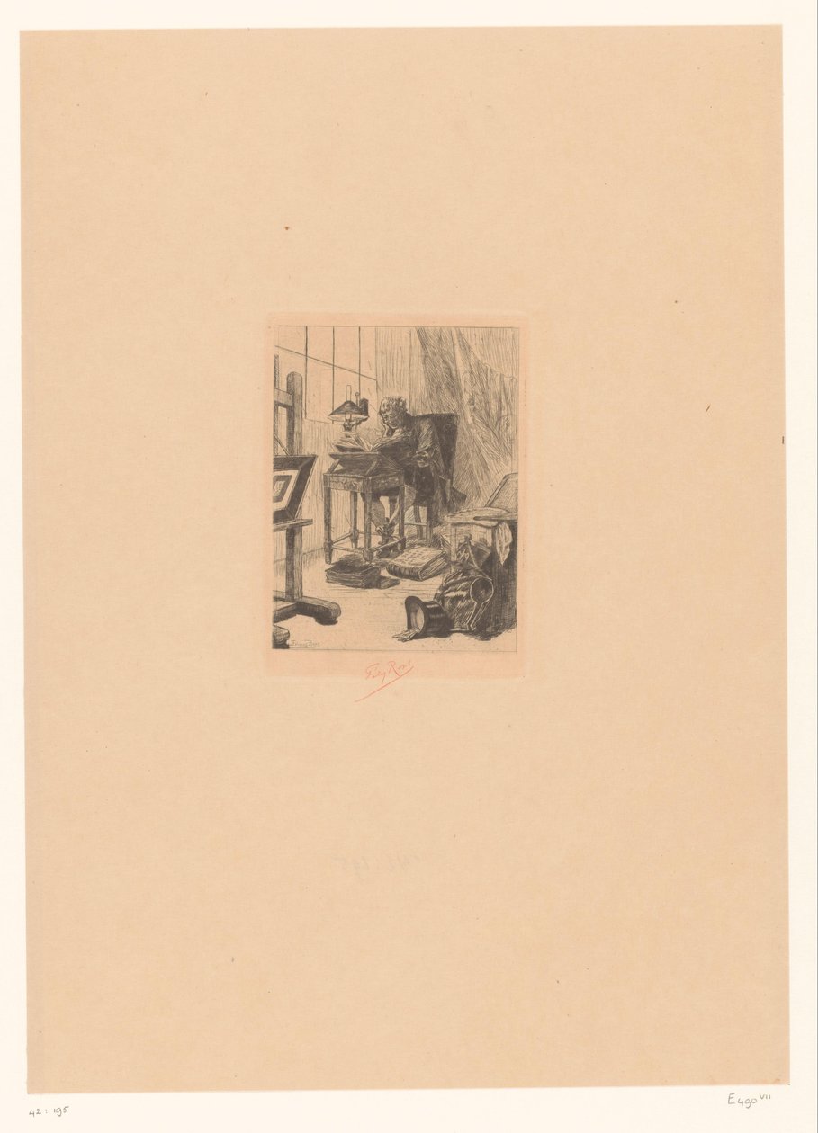 古い男 leest で een studeerkamer 現代美術 グリモアを読む 往年の愛書家 作： フェリシアン・ロップス（アーティストによる署名）