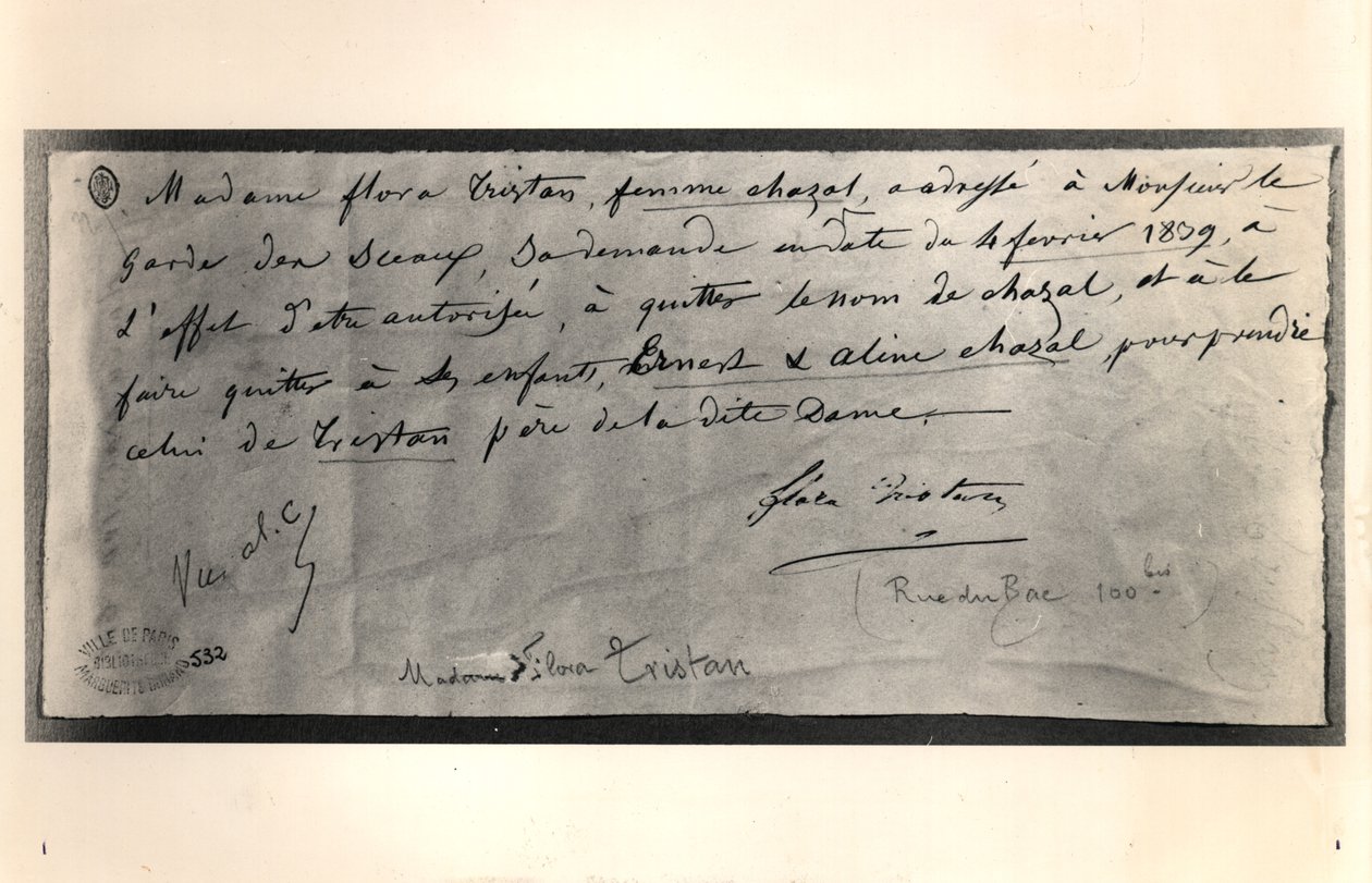 1839年2月4日、離婚を求めるフローラトリスタン（1803-44）からフランスの法務大臣への直筆の手紙 作： フローラトリスタン