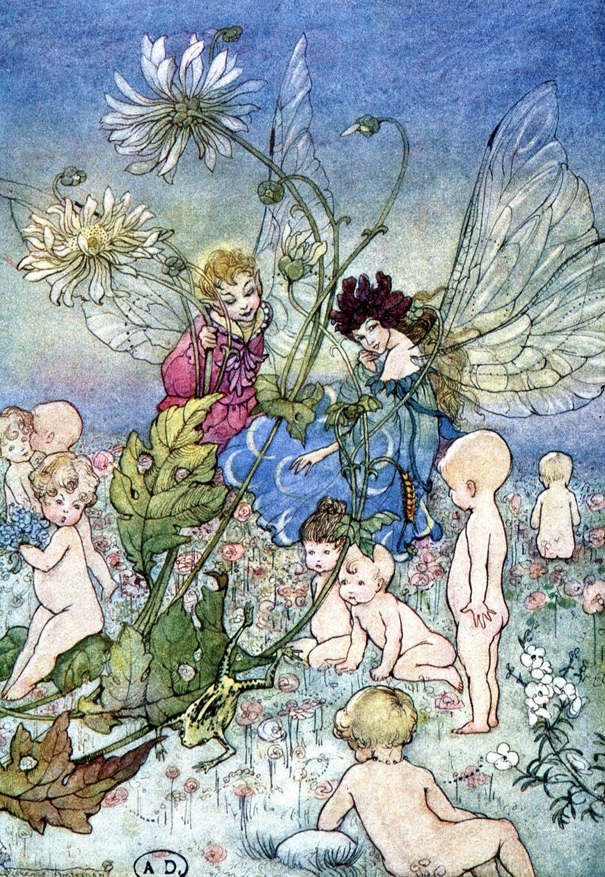 赤ちゃんに囲まれた女性-トンボ（妖精）とエルフ-フィオナ・マルコム作「私のおとぎの国」の中で。フローレンス・アンダーソン 作： フローレンス・アンダーソン