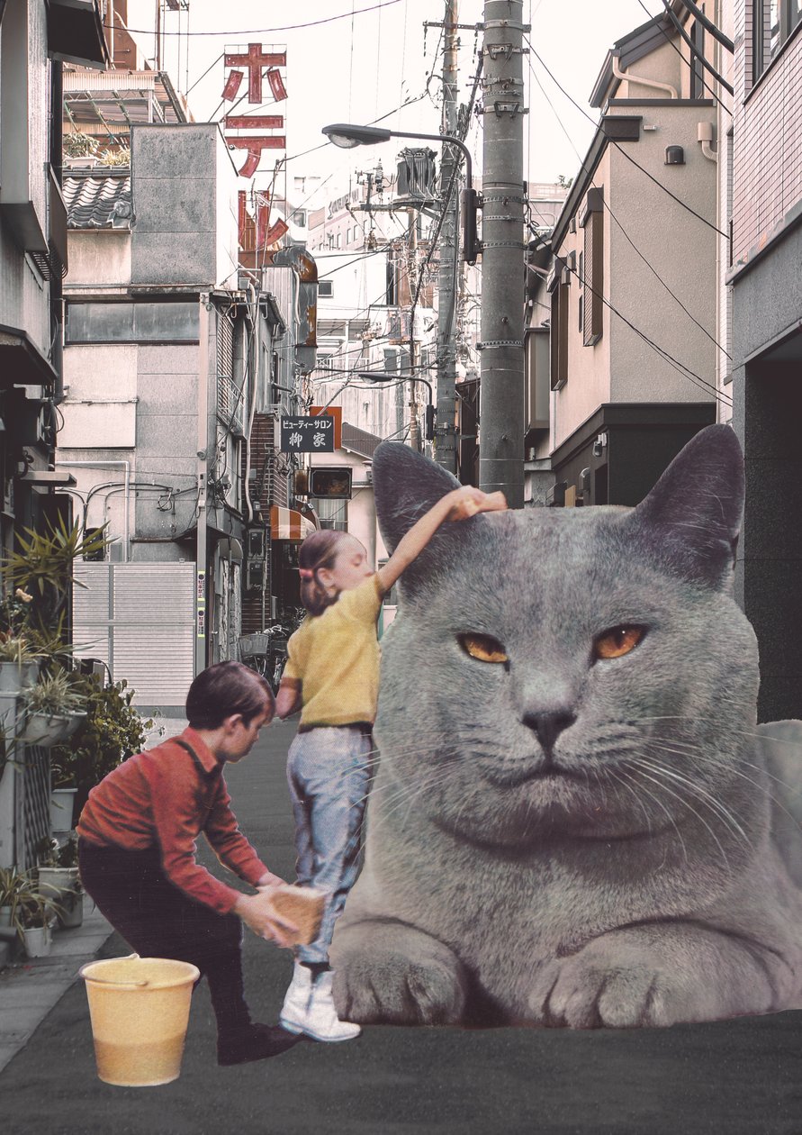 東京の街中で巨大な猫を洗う子供たち 作： フローレントボダート