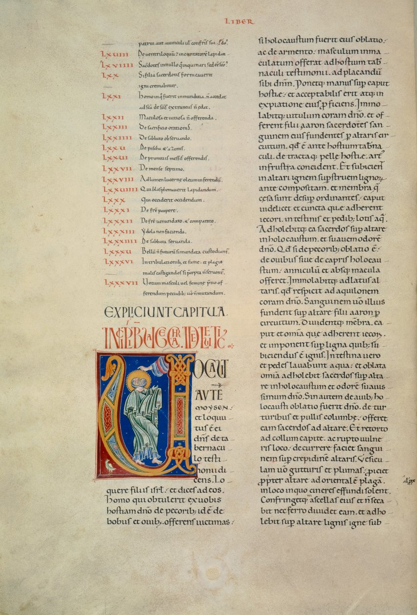 神がモーセに語りかけるイニシャルが描かれたコルボリーノの聖書のページ（Cod.Conventi Soppressi 630, c. 52v）、写本 作： フィレンツェスクール