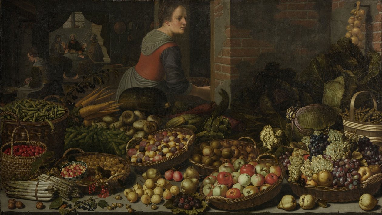 エマオのキリストを背景にした果物と野菜のある静物c。 1630 作： フロリス・ゲリッツ・ヴァン・スホーテン