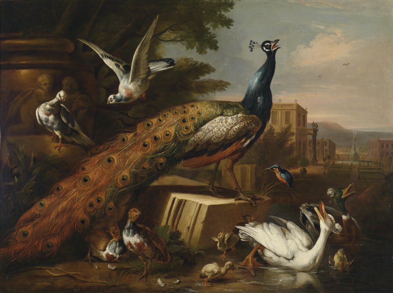 城公園内の鳩、鶏、水鳥に囲まれた孔雀 作： Pieter Casteels IIIの信者