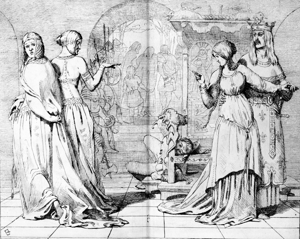コーデリアはゴネリルとリーガンから離れ、1850年の「The Germ」のイラスト 作： フォードマドックスブラウン