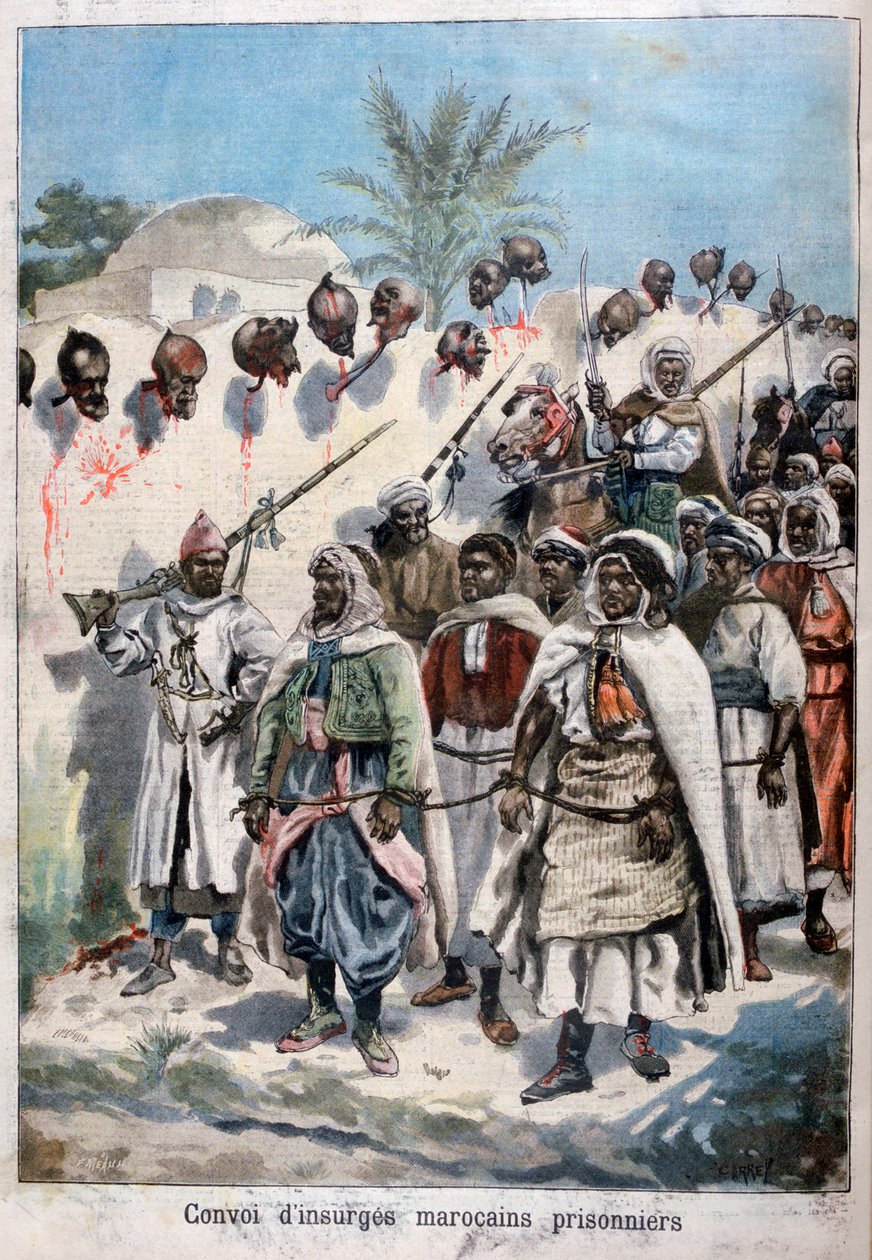 1897年にスルタンアブドゥルハフィッツ軍がタドラで捕虜にした反乱モロッコ人の列。 作： フォルトゥネ・メオル