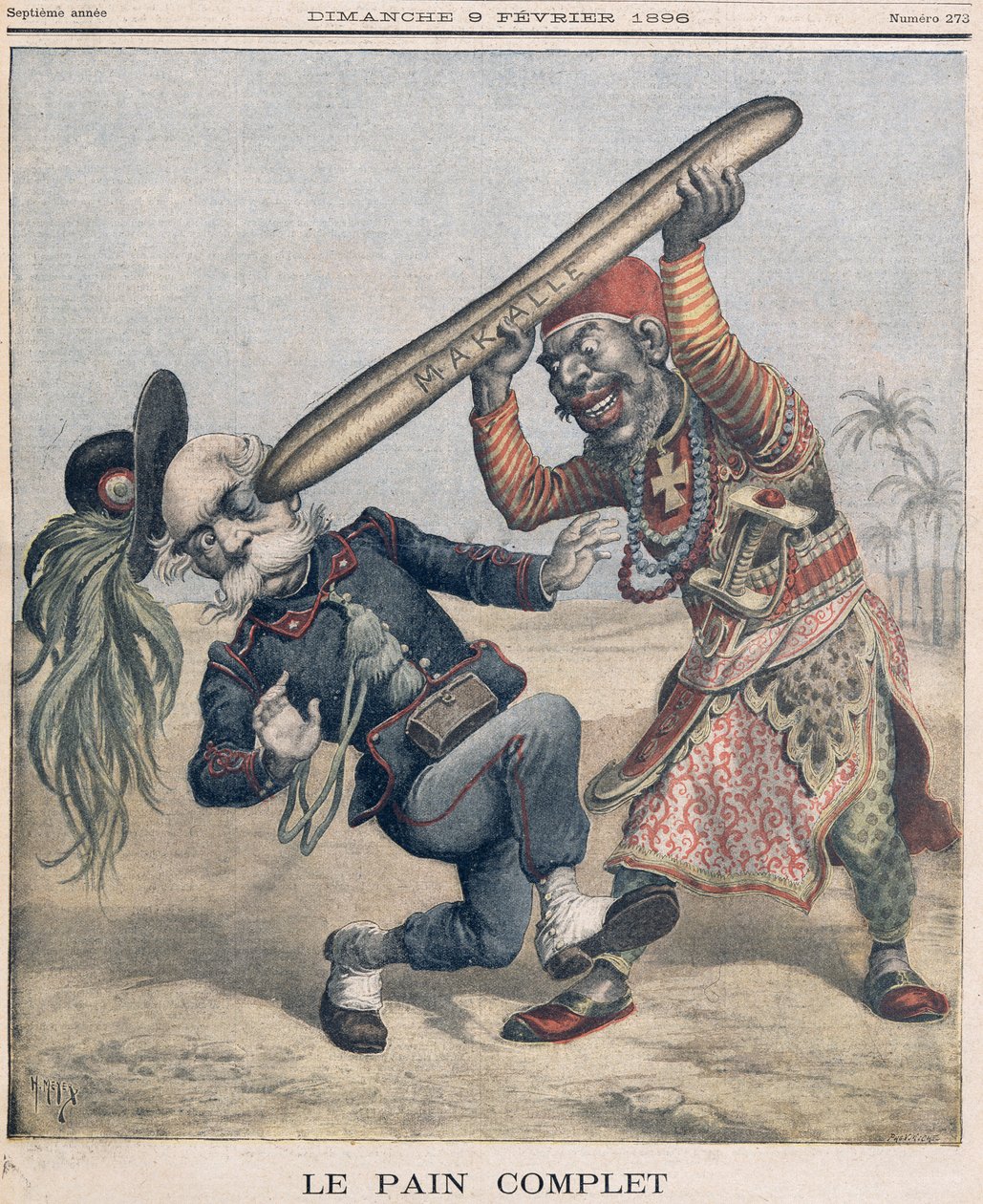 フランチェスコ・クリスピの風刺画（1818-1901）とエチオピアのマカル包囲戦でのイタリア侵略軍の敗北。 「ルプチジャーナル」の表紙、1896年2月9日 作： フォーチュンルイモーレとアンリマイヤー