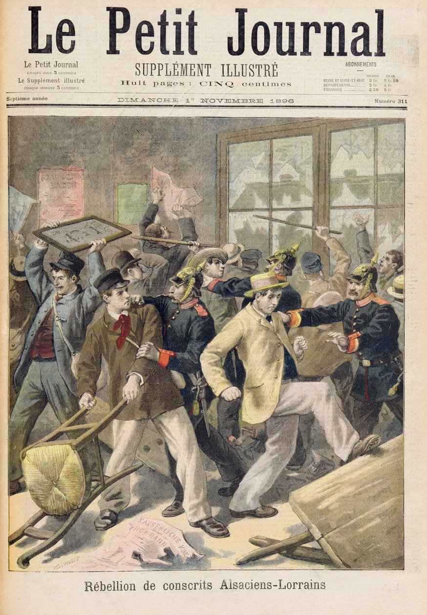 1896年11月1日の「Le Petit Journal」からのアルザスロレーヌからの徴集兵の反乱 作： フォーチュンルイモーレ