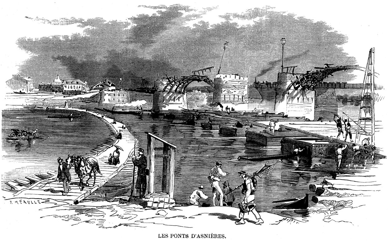 1870年のパリ包囲戦でアスニエール橋が焼失した後、船橋（ボートブリッジ）が設置された - Meaulleによるこのエングレーヴィング（1870年頃）には、橋の隣にある別の木造建築物が描かれている - Commune de Paris - 。 作： フォーチュンルイモーレ