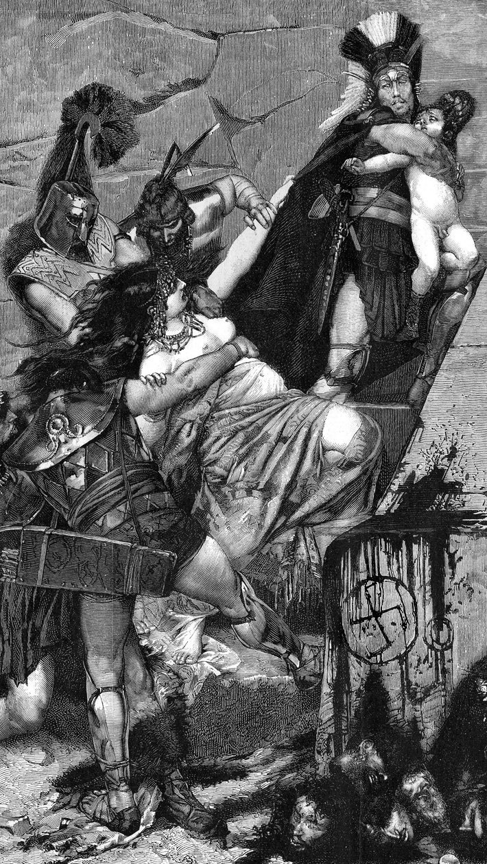 アンドロマケ：ジョルジュ・アントワーヌ・ロシュグロッセ（1859-1938）の絵画に基づくメウルによる版画（1883年）の詳細。ギリシャ兵の手によって、アンドロマケはトラキアのホプライトに連れ去られた息子アスティアナクスを抱きとめようとする。冒頭で 作： フォーチュンルイモーレ