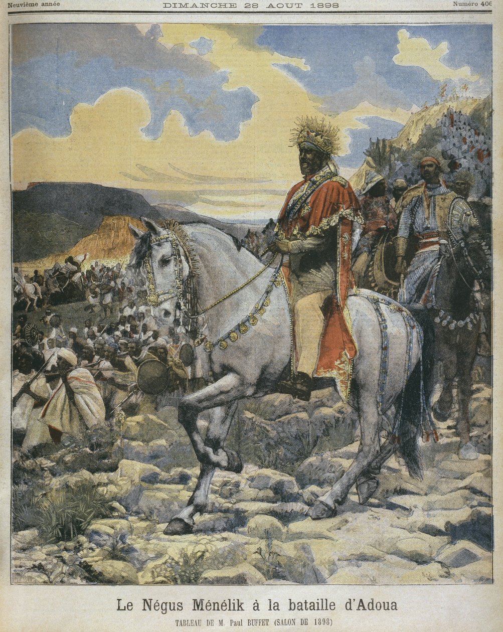 エチオピアの黒人、アドワの戦いでのメネリク2世（1844-1913）、「Le Petit Journal」のイラスト、1898年8月28日（287689も参照） 作： フォーチュンルイモーレ