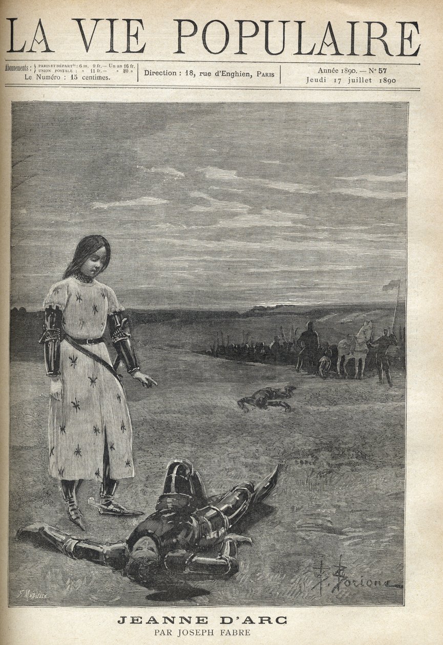 Vor der Truppe bewaffneter Ritter blickt Jeanne d