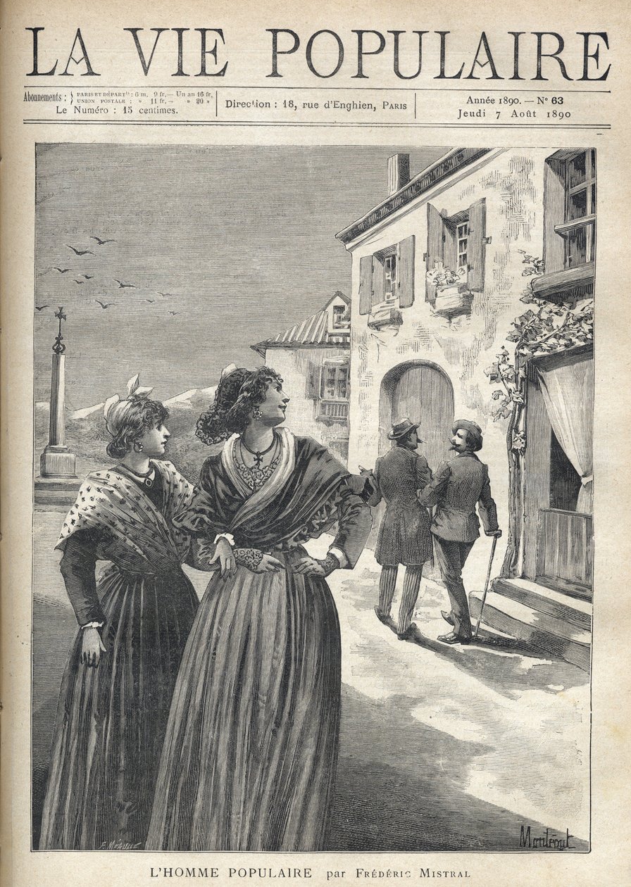 プロヴァンスの村の通りで、プロヴァンス風のドレスを着た2人の可愛い女性が、自信満々に目の前を振り向く男性と対峙するために、道を引き返します。フレデリック・ミストラル（1830-1914）の『人気者』に対するモンテグーの挿絵。エングレーヴィングはFo 作： フォーチュンルイモーレ