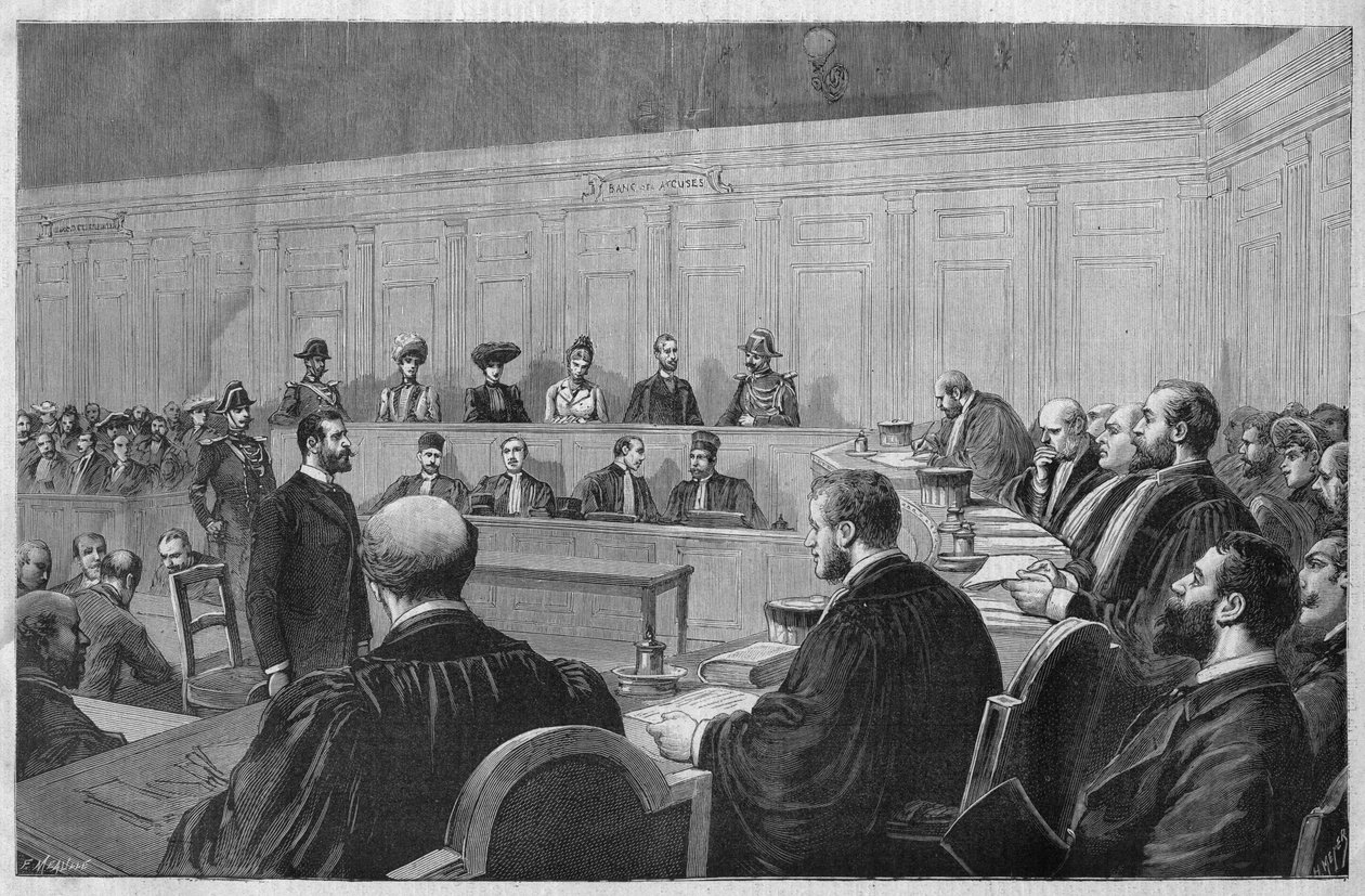 1891年のトゥーロンのスキャンダル：Fouroux - Jonquieres - la salle des assiises, deposition des temoins - 1891年の "Le journal illustrious "に掲載されたMeaulleのエングレーヴィング。 作： フォーチュンルイモーレ