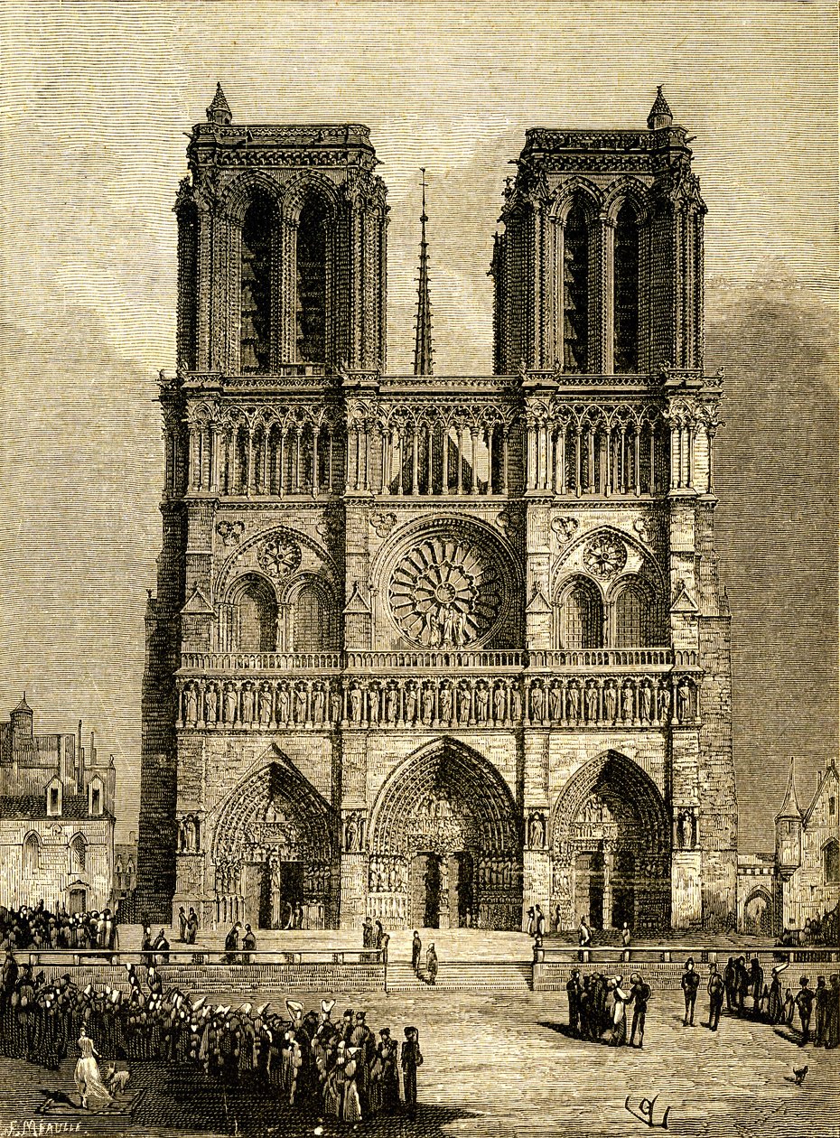 1482年のパリのノートルダム：西側ファサードとパルヴィス。ヴィクトル・ユーゴーの同名小説を挿絵にしたヴィオレ・ル・デュック（Viollet-le-Duc）のデッサンに基づくF.モールのエングレーヴィング、20世紀初頭のオーレンドルフ版。左下に 作： フォーチュンルイモーレ